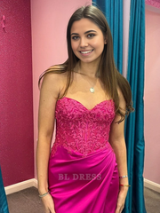 Mermaid Strapless Lace Ruched Satin Fuchsia formal dresses Bridesmaid Dresses evening gown Prom Dress