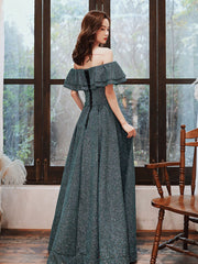 Green A line  off shoulder long prom dress, green bridesmaid dress