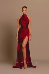 P1228 - High Neck Pleats Sleeveless Side Slit Satin Foemal Prom Evening Dress