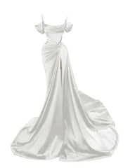 Elegant Mermaid Spaghetti Strap Prom Dress Pleated High Slit Evening Gown Party Dress Long Formal Dress HZ1024