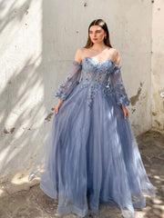 A-Line Sweetheart Neck Tulle Lace Gray Blue Long Prom Dress, Lace Formal Dresses