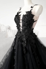 Classic Black Lace Tulle Long Prom Dress Black Evening Dress  SH567