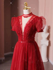 Burgundy tulle sequin long prom dress, burgundy evening dress