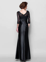 Mother of the Bride Dress See Through Jewel Neck Floor Length Stretch Satin Lace Over Satin Length Sleeve with Lace Ruched Side Draping