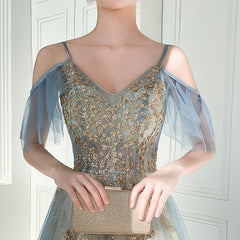 Beautiful Light Blue V-neckline Long Lace Applique Formal Dress, Blue Evening Gown