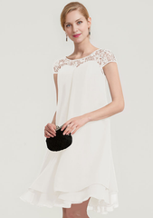 A-linePrincess Bateau Short Sleeve Knee-Length Chiffon Mother of the Bride Dress With Beading Ruffles Short