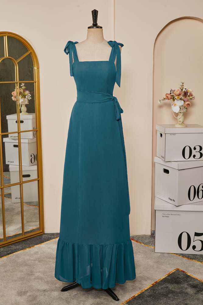 Groenblauw vlinderdasbanden A-lijn chiffon lange bruidsmeisje jurk met vleugel