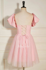 Pink Strapless A-Line Short Party Dress with Puff Sleeves