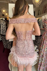 Pink Sequin Off-the-Shoulder Feather-Trimmed Short Party Dress
