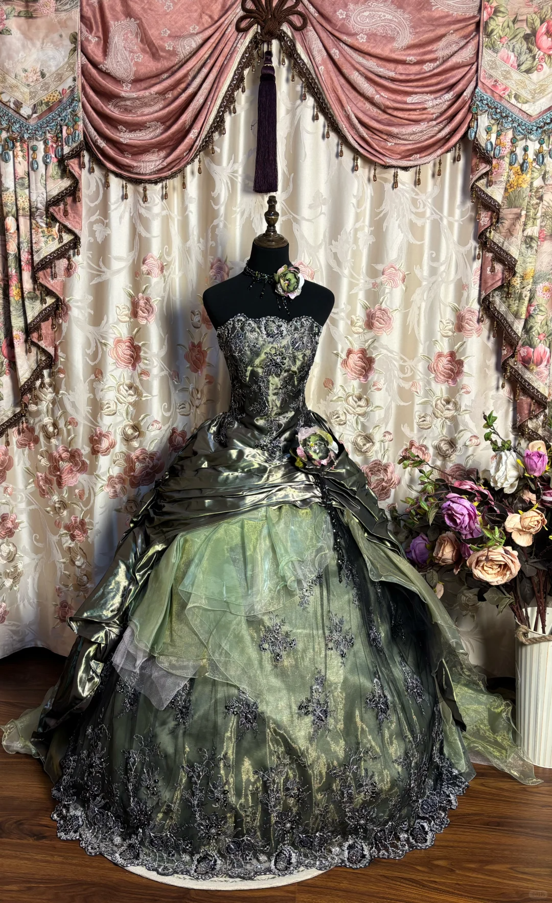 Green Strapless A-Line Satin Lace Long Evening Dress Birthday Ball Gown, HZ0319