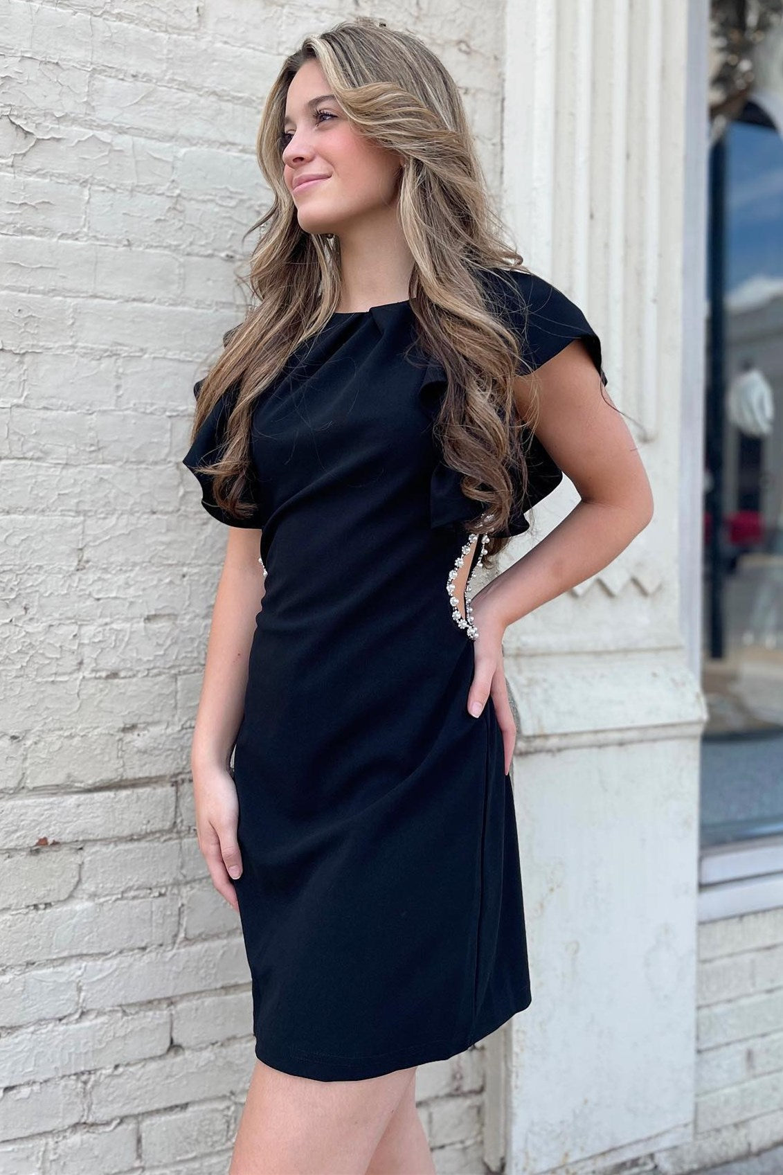 Black Cutout Short Party Dress with Pearls
