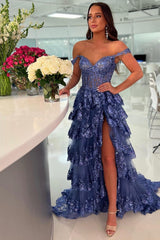 Sequins Sweetheart A-Line Tiered Long Prom Dress with Slit
