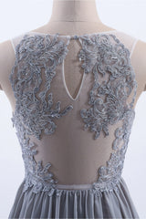 Silver Chiffon A-Line Ruffles Long Bridesmeisje Jurk