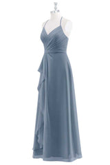 Dusty Blue Chiffon Halter Ruffled A-Line Maid of Honor Dress