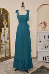 Groenblauw vlinderdasbanden A-lijn chiffon lange bruidsmeisje jurk met vleugel