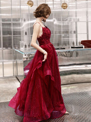 Burgundy v neck tulle lace long prom dress, burgundy evening dress