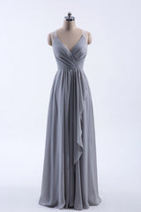 Silver Chiffon A-Line Ruffles Long Bridesmeisje Jurk