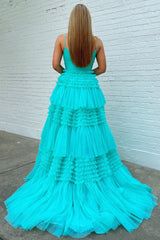 Black Tulle Multi-Tiered V-Neck Long Prom Dress