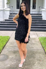 Green Sequin One-Shoulder Backless Feathered Short Party Dress