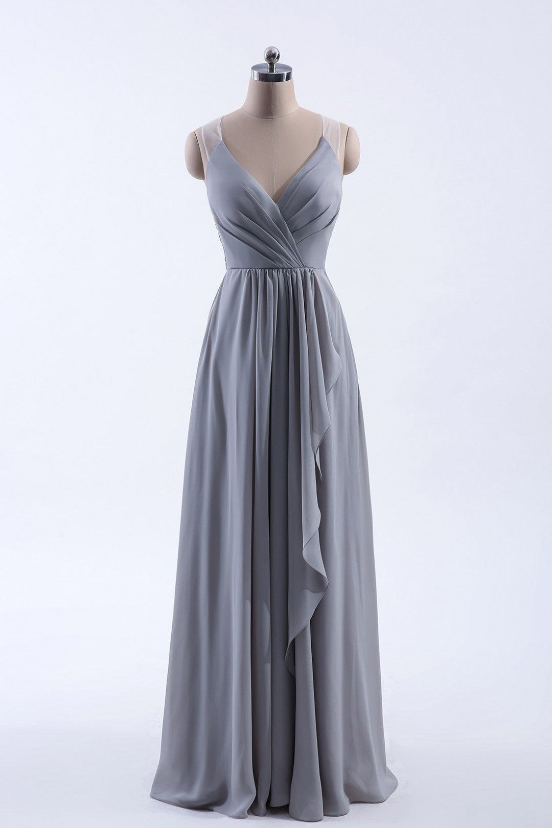 Silver Chiffon A-Line Ruffles Long Bridesmeisje Jurk
