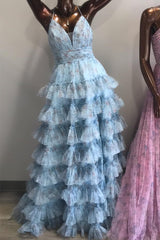 Lilac Print Lace-Up Ruffle Tiered Long Prom Dress