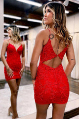 Red Appliques V-Neck Cutout Back Short Homecoming Dress
