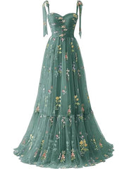 A-line Sleeves Straps Embroidery Tulle Prom Dress