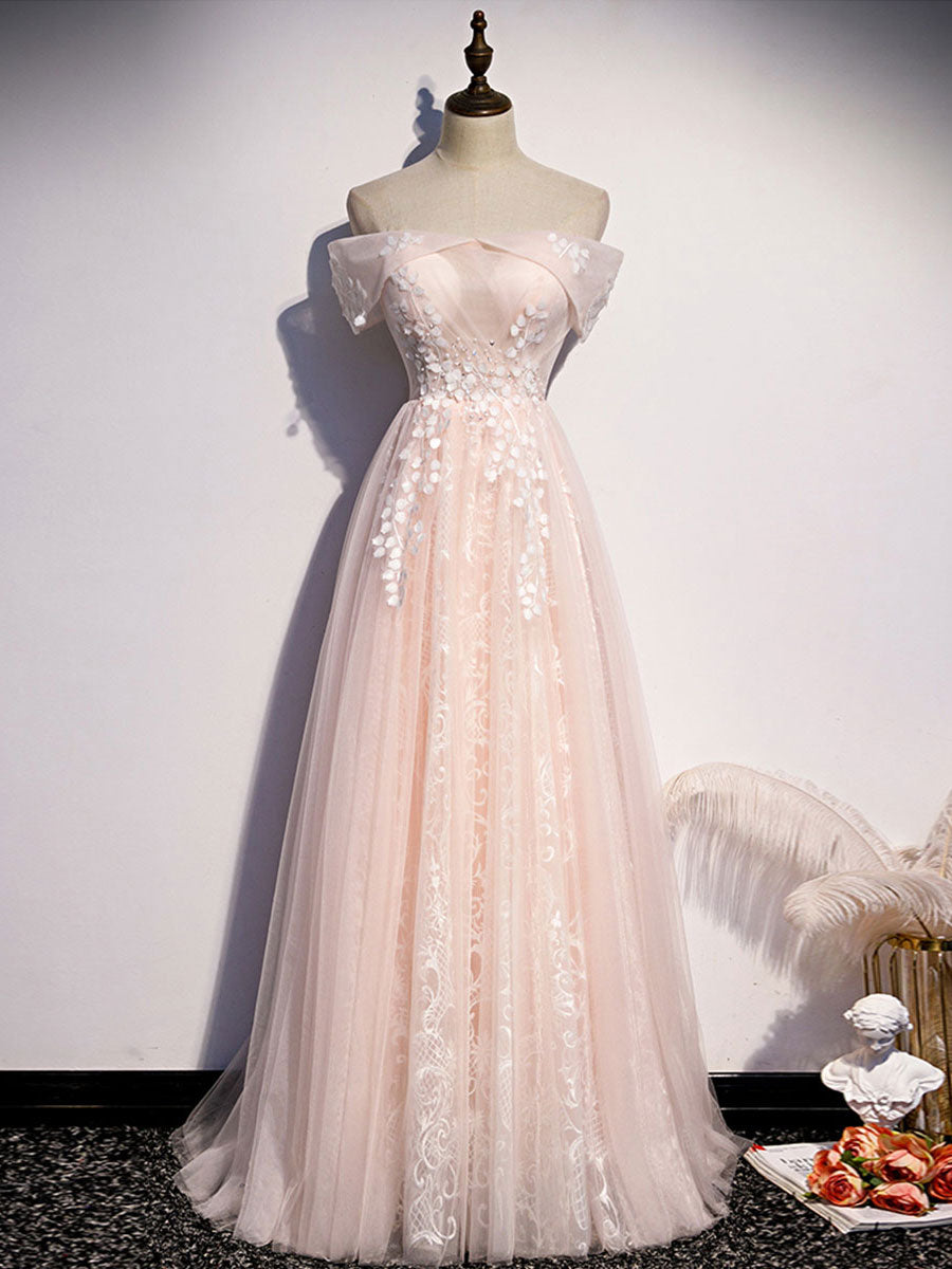 Pink tulle lace long prom dress pink tulle formal dress