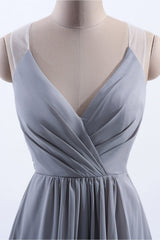 Silver Chiffon A-Line Ruffles Long Bridesmeisje Jurk