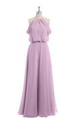 Salie groene chiffon halter blouson-stijl lange bruidsmeisje jurk