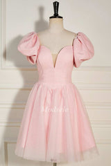 Pink Strapless A-Line Short Party Dress with Puff Sleeves