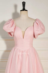 Pink Strapless A-Line Short Party Dress with Puff Sleeves