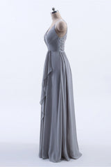 Silver Chiffon A-Line Ruffles Long Bridesmeisje Jurk