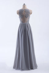 Silver Chiffon A-Line Ruffles Long Bridesmeisje Jurk
