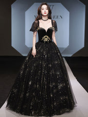 Black tulle off shoulder long prom dress, black tulle formal dress