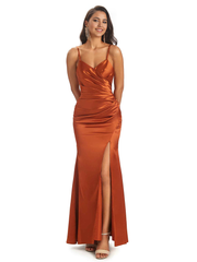 Sheath V-Neck Spaghetti Straps Satin Pleats Side Slit formal dresses evening gown Bridesmaid Dresses