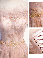 Pink tulle lace long prom dress, pink tulle formal dress