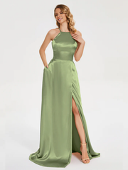 Thin shoulder strap soft satin and floor length bridesmaid dress