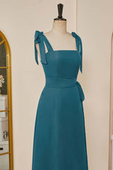 Groenblauw vlinderdasbanden A-lijn chiffon lange bruidsmeisje jurk met vleugel