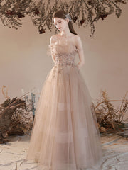 Champagne tulle long prom dress, A line tulle formal dress