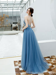 Blue backless tulle long prom dress, blue tulle formal dress