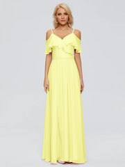 Thin shoulder strap ruffled chiffon and floor length bridesmaid dress