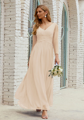 A-line V Neck FullLong Sleeve Ankle-Length Chiffon Mother of the Bride Dress With Pleated Pure Color