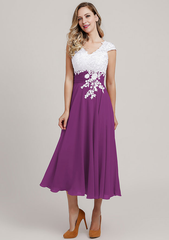 Chiffon Mother of the Bride Dress A-linePrincess V Neck Short Sleeve Tea-Length With Lace Short