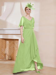 V-neck ruffle sleeves asymmetrical mother of the bride dress