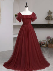 Simple burgundy tulle A line evening dress, burgundy evening dress