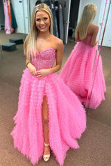 Yellow Appliques Sweetheart Ruffle Tiered A-Line Prom Dress