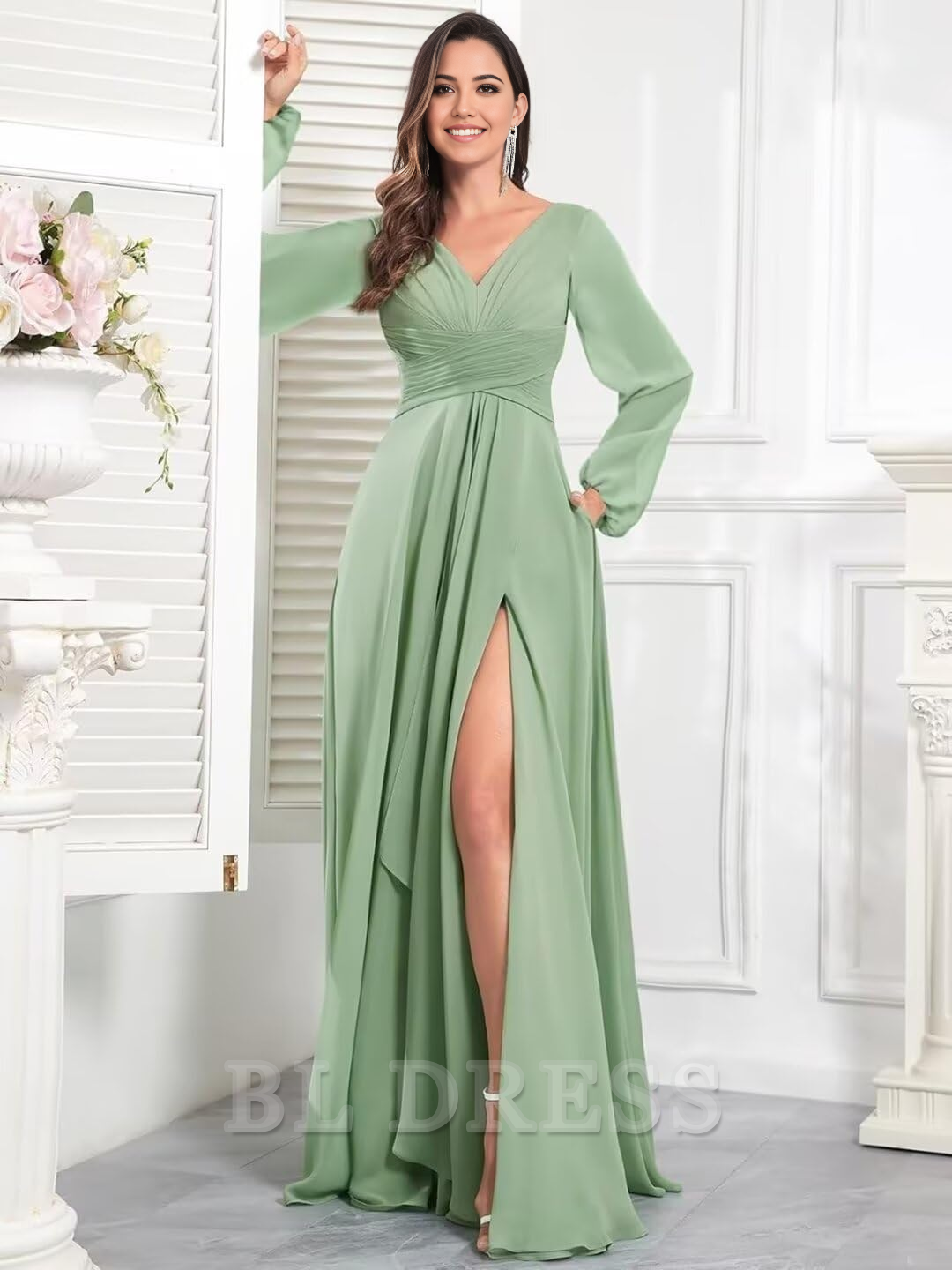 A-line V Neck Long Sleeves Ruffle Chiffon formal dresses Bridesmaid Dresses evening gown Prom Dress