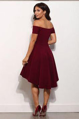 A Line Off Shoulder High Low Burgundy Short Prom Dress, High Low Formal Dress, Burgundy Graduation Dress, Homecoming Dress