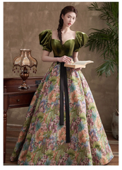 Vintage Court Retro Style A-Line Evening Gown Sweetheart Puffy Sleeve Party Dress Long Formal Dress HZ1024